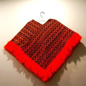 1960s Vintage Orange & Black Poncho Tribal Diamond Pattern